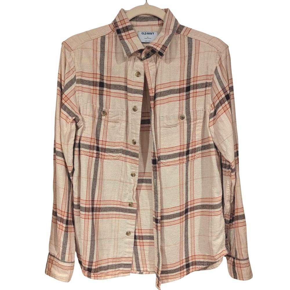Old Navy Double Brushed Plaid Flannel Shirt Men's Size S Cream‎ Red Black